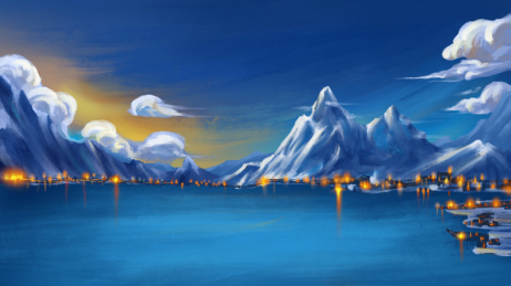 蓝色雪山傍晚的海滨城市灯火阑珊 结冰的湖面 数码插画