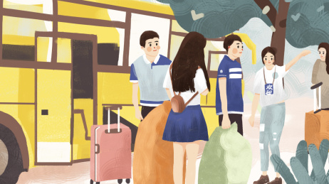 大学学校志愿者迎接新生为新生指路原创肌理插画