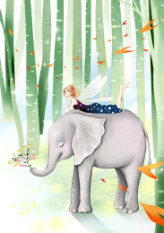 女精灵趴在大象上走在绿色的森林里