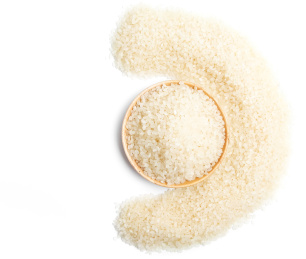 白底上用珍珠米围成半圆中间放一碗珍珠米