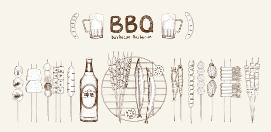 复古风格 各种烤串素描手绘矢量素材集合