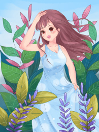 花丛中的小女孩夏季手绘小清新海报