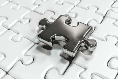 排列整齐的拼图与白色背景，三维渲染