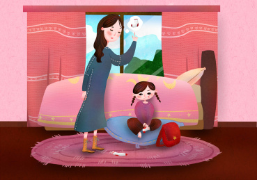 妈妈教小女孩自己穿袜子，今天是小女孩第一天上幼儿园