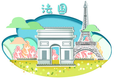 剪纸风格法国巴黎地标建筑凯旋门和艾菲尔铁塔插画