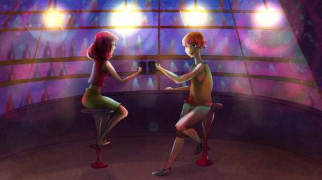 蓝紫色调复古酒吧街灯光光效聊天插画