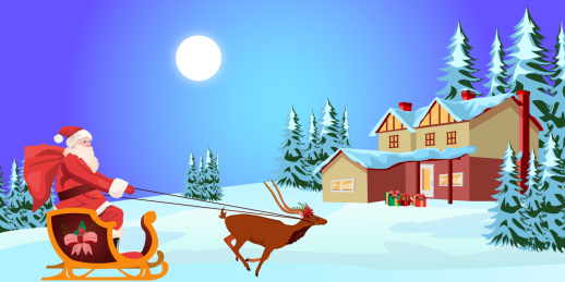 冬日里圣诞老人礼物大派送矢量插画