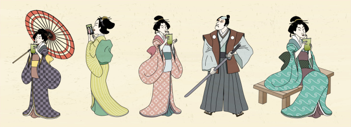 浮世绘武士女子插图素材