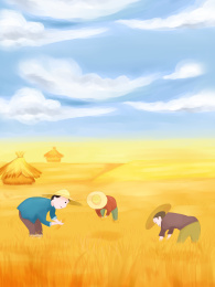 秋天一群农民在金黄的麦田里收割麦子插画