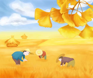 秋天一群农民在银杏树下的金黄的麦田里收割麦子插画