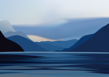 矢量风景画 蓝色山水插图 山脉湖水