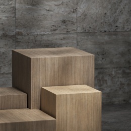 木制的产品展示台在斑驳的树影下