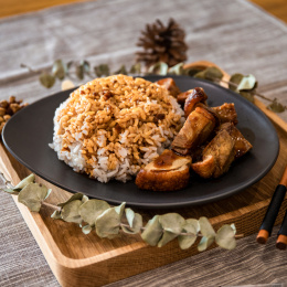 一份美味的调味酱汁烧鸭饭