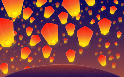 漫天飞舞着橘黄色的孔明灯