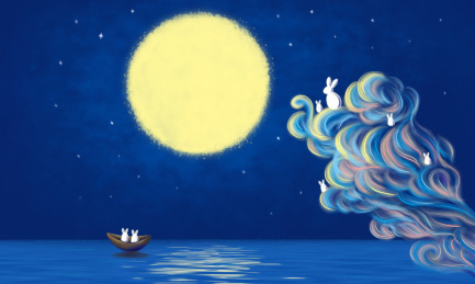 深蓝底星空下小白兔一家团聚赏月情感概念插画