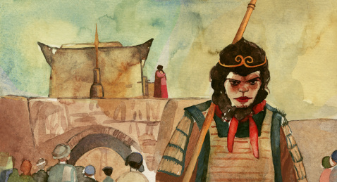 电影插画原创手绘水彩大话西游紫霞最后在城墙上亲吻了自己的意中人