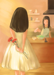 母亲节女孩拿着康乃馨准备送给正在厨房做饭的妈妈