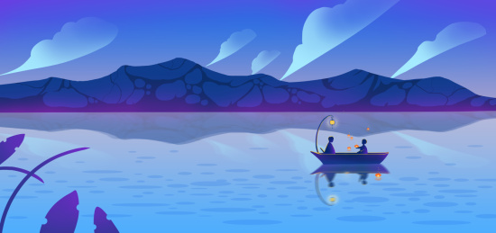 水边的夜晚山峦的倒影 两个人坐在一艘船上漂流插画场景