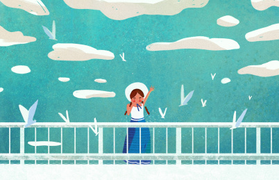 快乐的小女孩在桥上招手青春清新插画