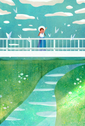 快乐的小女孩在桥上招手青春清新插画