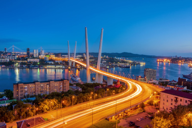 俄罗斯海参崴金角湾大桥夜景风光