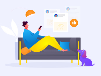 在沙发上刷朋友圈查看发的照片获得点赞数，矢量扁平人物概念插画