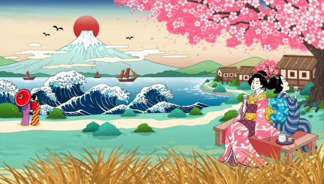 浮世绘风艺妓在樱花树下品酒