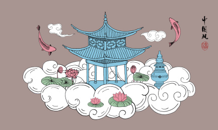 手绘中式插画之小亭荷塘锦鲤图