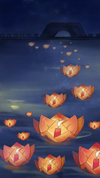 中元节手绘夜晚河灯插画背景