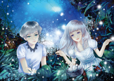 夏天的夜晚身穿白衣的少男少女在树丛中寻找萤火虫