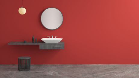 家居题材的卫生间或盥洗室和背景墙，3D渲染