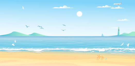 美丽的夏天，太阳照耀平静的蓝色海面，海浪在不断拍打着海岛岸边的细沙插画矢量海报