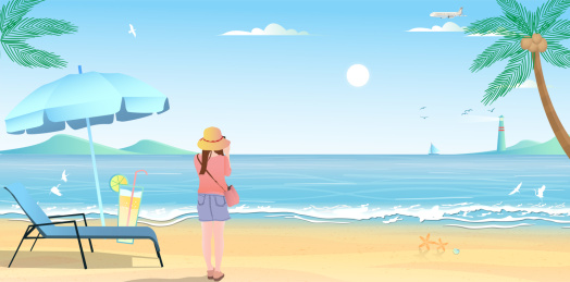 美女在海边沙滩上旅游看风景拍照，海浪在不断拍打着海岛岸边的细沙插画矢量海报