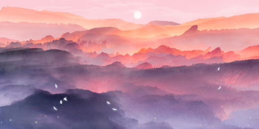 早晨的太阳从天空升起来了，小鸟飞过着茂密的丛林插画背景海报