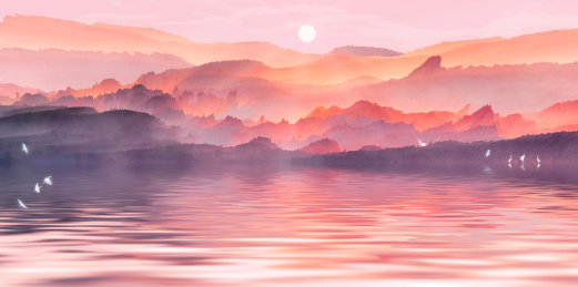早晨的太阳从天空升起来了，山脚下的河流在流动小鸟在飞舞插画背景海报