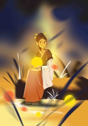 一个小女孩在夜晚手拿月亮坐在草丛间