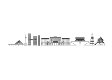 中国陕西省西安市城市地标，黑白色建筑矢量插画