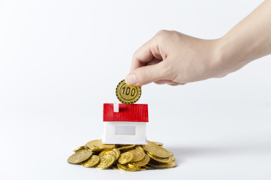 白色背景下向房子模型投放金币