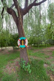 挂在湖边柳树上的救生圈和绳索等救生工具