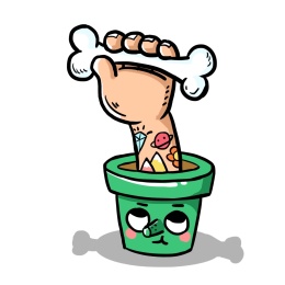 绿色花盆上的一直手拿着骨头