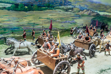 行军中的古代战马战车士兵,中国山东省淄博市足球博物馆