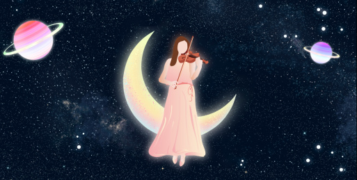 夜晚星空下一位美丽长裙少女在月亮上拉小提琴演奏插画背景海报