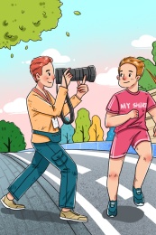 记者采访运动员比赛清新时尚插画