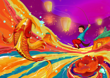 一个儿童从漂浮着花朵的河里吊起一条锦鲤