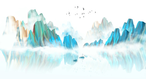  蓝色轻奢新中式抽象意境山水装饰画