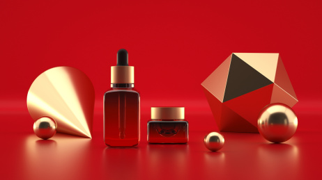 美容题材的护肤品，精华液和眼霜瓶子的广告场景，3d渲染