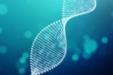 三维渲染的DNA螺旋双链模型在蓝色的液体背景中