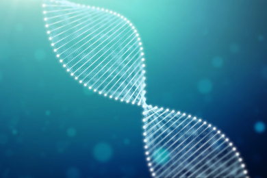 三维渲染的DNA螺旋双链模型在蓝色的液体背景中