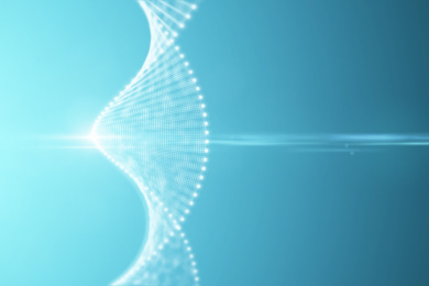 三维渲染的DNA螺旋双链模型在蓝色的液体背景中