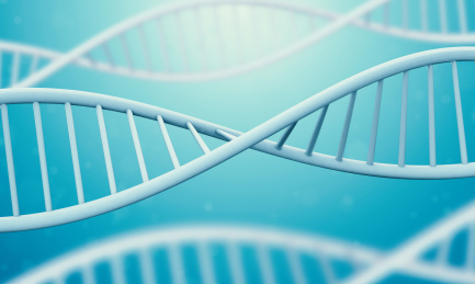 三维渲染的DNA螺旋双链模型在蓝色的液体背景中